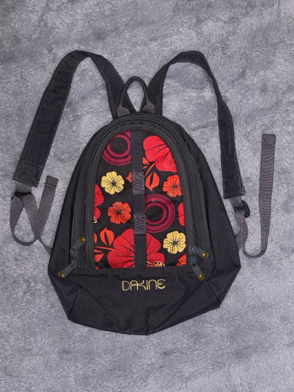 Dakine Youth Mini Backpack Purse Charcoal Grey Hawaiian Floral Hibiscus Print